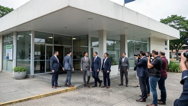 Imagem gerada por IA: Parlamentares chegam a uma sede partidária em Brasília enquanto jornalistas aguardam do lado de fora.