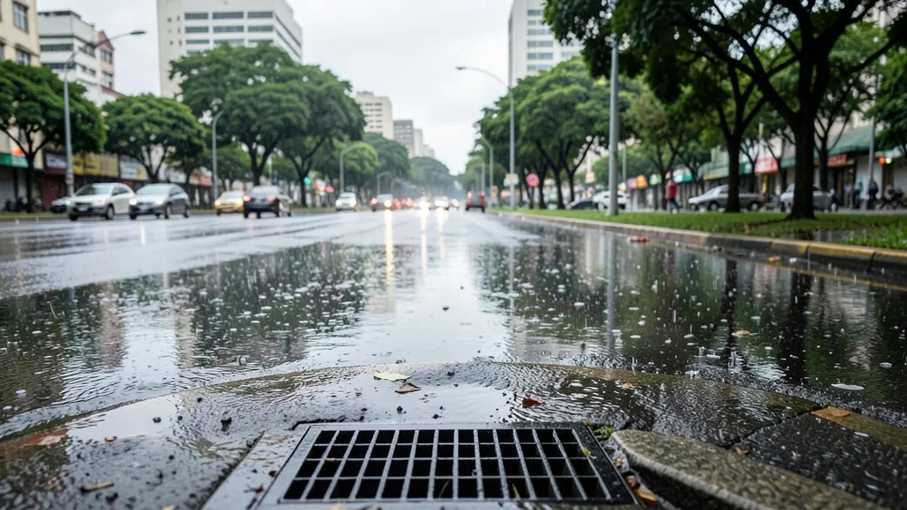 Imagem gerada por IA: Água da chuva acumulada junto a uma grelha de drenagem em uma avenida de São Paulo.