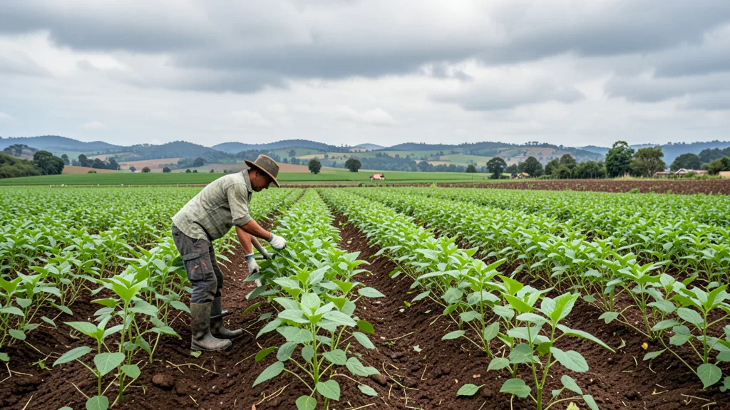 Imagem gerada por IA: Produtor observa plantas de soja em lavoura no norte do Rio Grande do Sul sob céu nublado.
