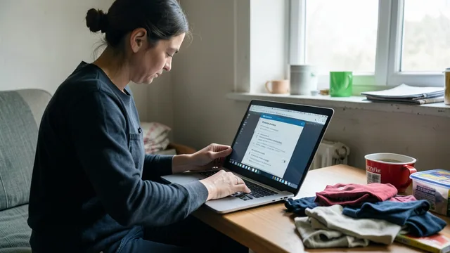 Imagem gerada por IA: Pessoa analisa anúncios de produtos usados em um laptop, com roupas e objetos à venda ao lado.