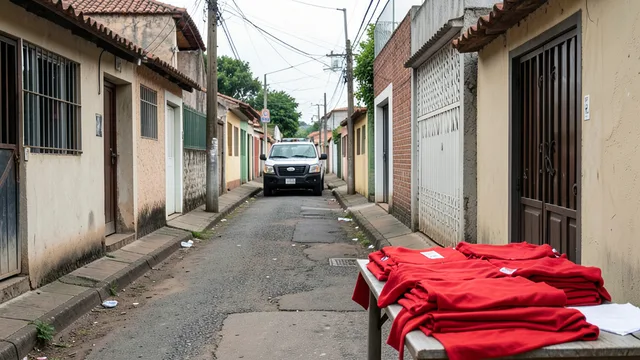 Imagem gerada por IA: Camisetas vermelhas dobradas em primeiro plano e uma viatura ao fundo em uma rua de comunidade.