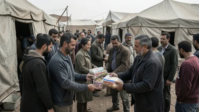 Imagem gerada por IA: Distribuição de alimentos a famílias deslocadas perto de tendas em Gaza.