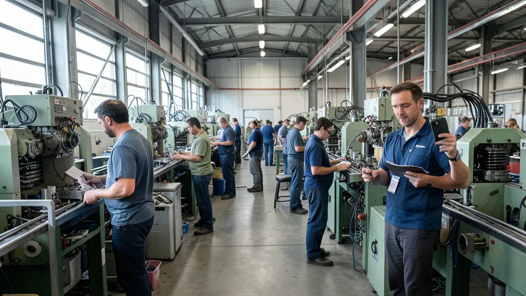 Trabalhadores e máquinas em operação em uma fábrica moderna nos Estados Unidos.