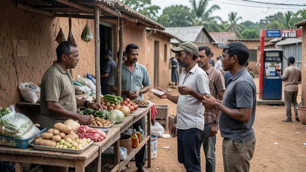 Imagem gerada por IA: Pessoas em um mercado de alimentos com uma bomba de combustível ao fundo
