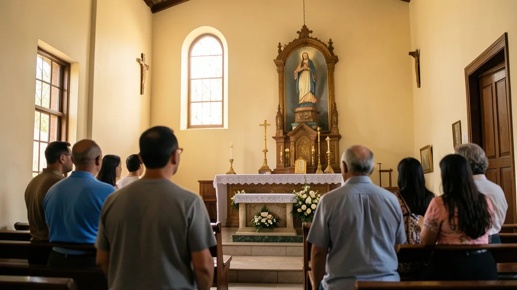 Interior de igreja com imagem de Nossa Senhora Aparecida e fiéis vistos de costas.