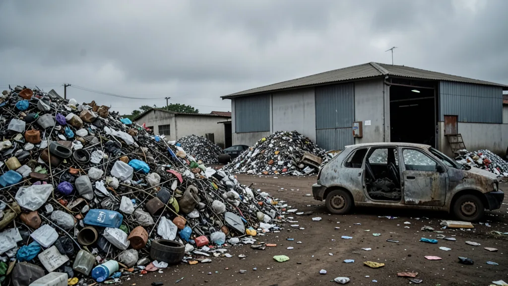Imagem gerada por IA: Pátio de reciclagem com sucata e um veículo desmontado, em imagem que representa a investigação sobre lavagem de dinheiro.