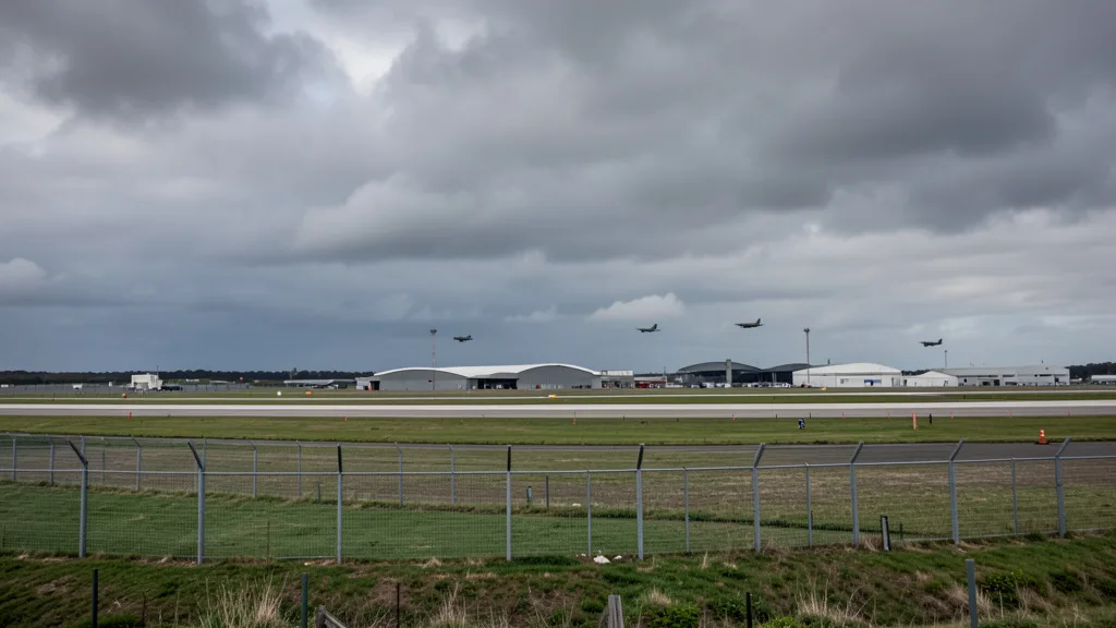 Imagem gerada por IA: Pista e hangares de uma base aérea militar sob céu nublado.