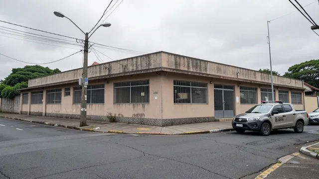 Imagem gerada por IA: Fachada de uma unidade de detenção pública com uma viatura sem identificação estacionada nas proximidades.