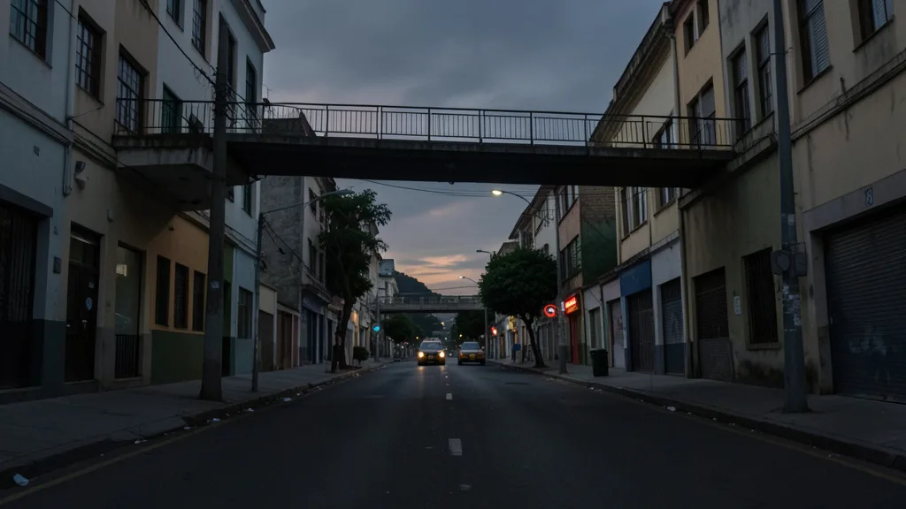 Imagem gerada por IA: Rua tranquila em São Paulo, com uma passarela de pedestres ao fundo.