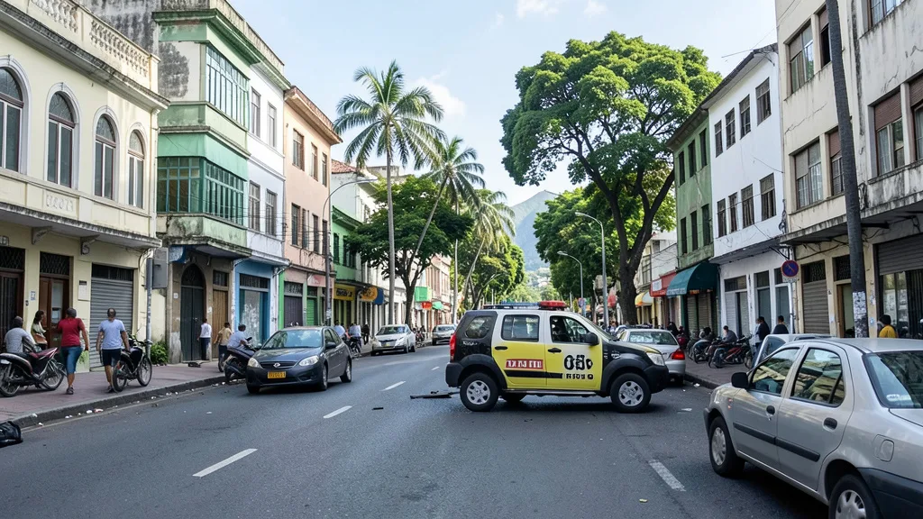 Imagem gerada por IA: Carros parados em uma rua de Botafogo após uma ocorrência policial.