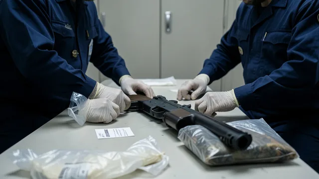 Imagem gerada por IA: Peritos examinam um fuzil em uma sala de análise de evidências.