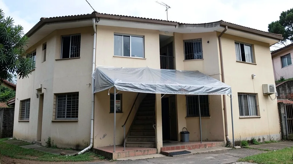 Imagem gerada por IA: Prédio residencial com uma cobertura de plástico sobre a escada externa.