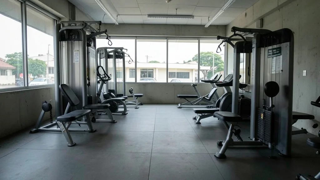 Imagem gerada por IA: Área de musculação vazia em uma academia, com aparelhos e bancos de exercício.