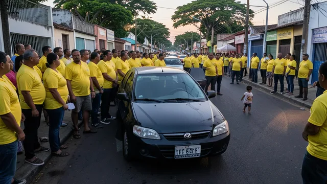 Imagem gerada por IA: Carro cercado por adultos durante uma comemoração política em uma rua de Parnamirim.