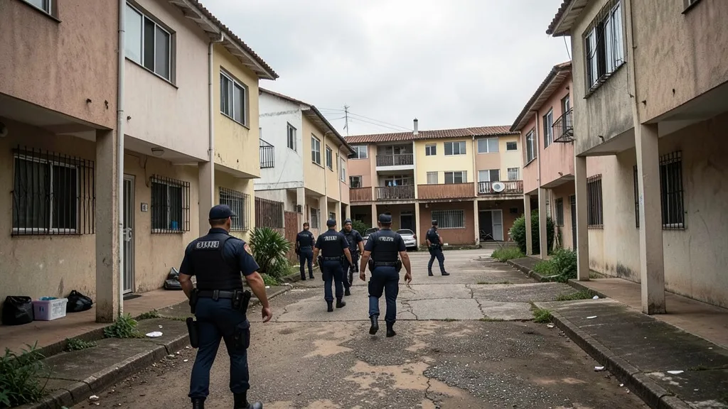 Imagem gerada por IA: Policiais entram em um condomínio popular durante uma operação contra uma facção investigada em Viamão.
