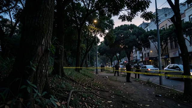 Imagem gerada por IA: Área de mata isolada por fita policial durante uma investigação em São Paulo.