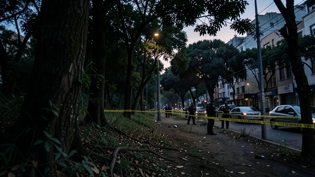 Imagem gerada por IA: Área de mata isolada por fita policial durante uma investigação em São Paulo.