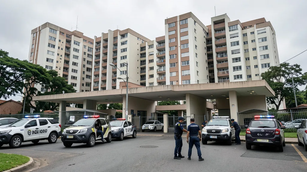 Imagem gerada por IA: Policiais fazem buscas na entrada de um grande condomínio residencial em Nova Iguaçu.