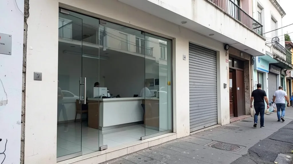 Imagem gerada por IA: Entrada de uma clínica de estética em uma rua comercial.