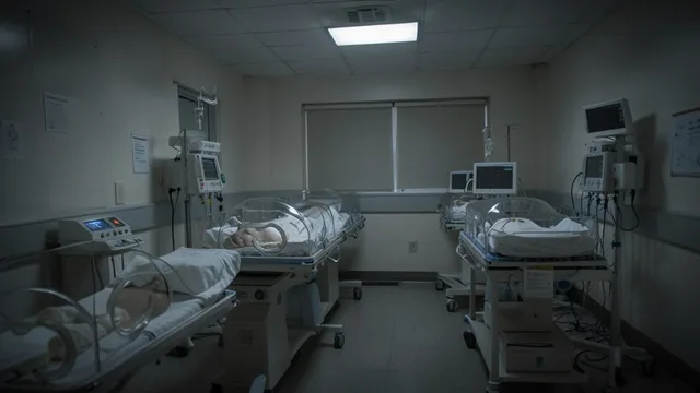 Imagem gerada por IA: Sala neonatal vazia, com incubadoras e equipamentos hospitalares.