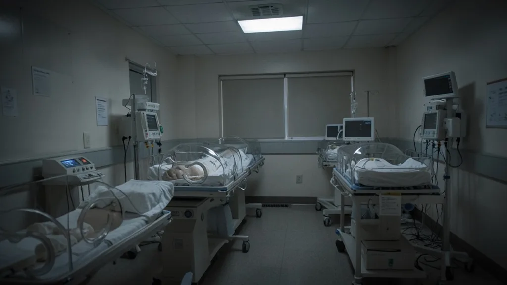Imagem gerada por IA: Sala neonatal vazia, com incubadoras e equipamentos hospitalares.