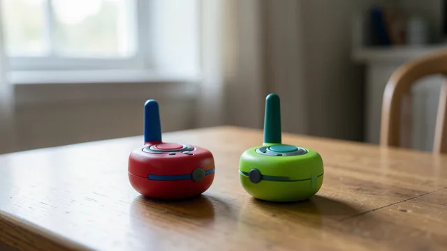 Imagem gerada por IA: Walkie-talkies infantis sobre uma mesa, ao lado de uma antena de rádio.