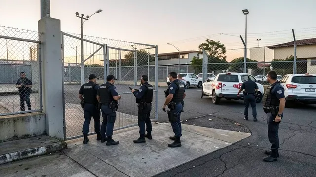Imagem gerada por IA: Policiais se preparam para uma operação em frente a uma unidade prisional.