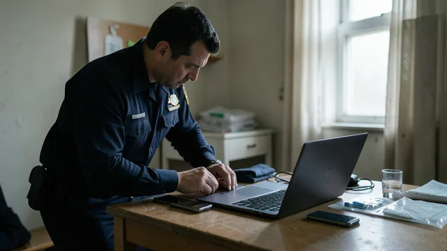 Imagem gerada por IA: Investigadores analisam celulares e um computador durante uma apuração policial.