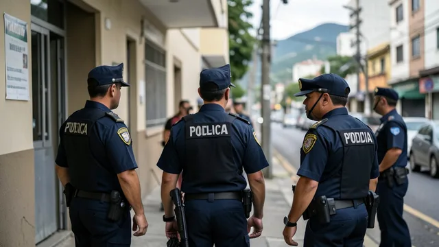 Imagem gerada por IA: Policiais em frente a uma delegacia no Rio de Janeiro durante uma investigação.