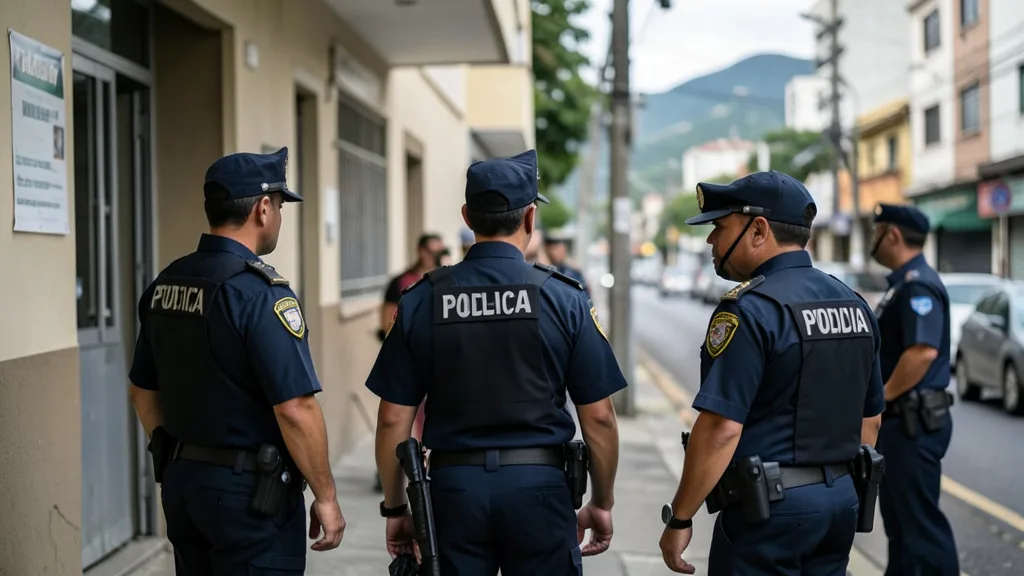 Imagem gerada por IA: Policiais em frente a uma delegacia no Rio de Janeiro durante uma investigação.