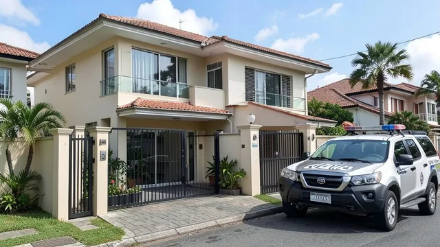 Imagem gerada por IA: Casa de alto padrão em condomínio, com um veículo policial estacionado nas proximidades.