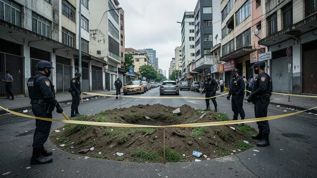 Imagem gerada por IA: Investigadores examinam uma área isolada durante uma apuração policial em São Paulo.