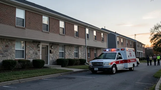 Imagem gerada por IA: Ambulância diante de um prédio em Greenville, com socorristas ao fundo.