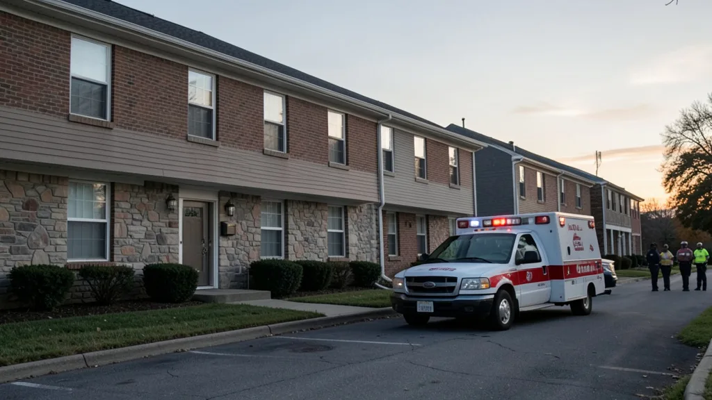 Imagem gerada por IA: Ambulância diante de um prédio em Greenville, com socorristas ao fundo.