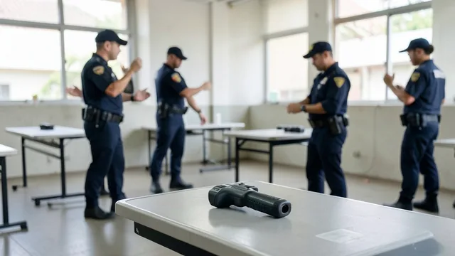 Imagem gerada por IA: Arma de choque sobre uma mesa durante treinamento policial.