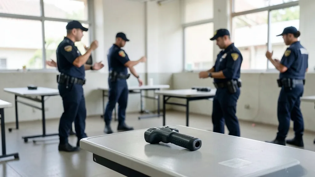 Imagem gerada por IA: Arma de choque sobre uma mesa durante treinamento policial.