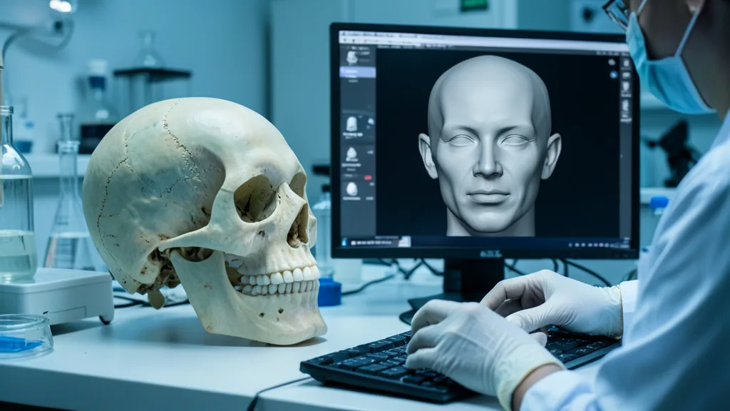 Imagem gerada por IA: Crânio em laboratório forense ao lado de uma reconstrução facial digital em 3D.