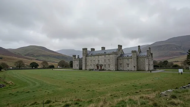 Imagem gerada por IA: Castelo de Balmoral e seus jardins sob um céu nublado na Escócia.
