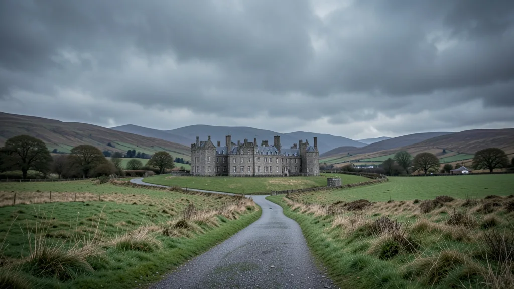 Imagem gerada por IA: Castelo de Balmoral ao fundo, cercado pela paisagem das Terras Altas da Escócia.