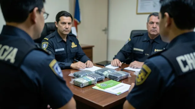 Dinheiro apreendido e materiais de campanha sobre uma mesa durante uma investigação eleitoral.