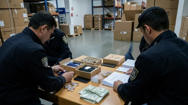 Imagem gerada por IA: Caixas de celulares, relógios e dinheiro sobre uma mesa durante uma busca policial.