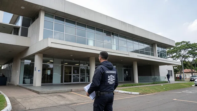 Imagem gerada por IA: Fachada de um prédio da Polícia Federal em Brasília, com um investigador de costas segurando uma pasta.
