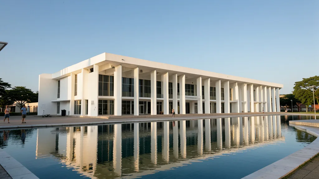 Imagem gerada por IA: Fachada do Supremo Tribunal Federal em Brasília, com o espelho d’água à frente.