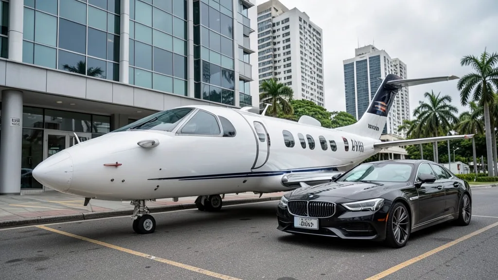Imagem gerada por IA: Aeronave executiva e carro de luxo diante de um prédio comercial.