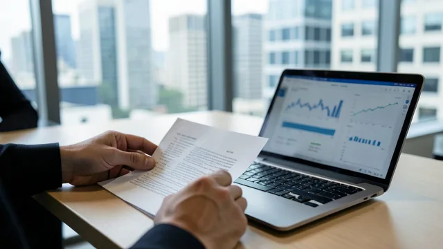 Documentos financeiros e computador sobre uma mesa em um escritório, com prédios desfocados ao fundo.
