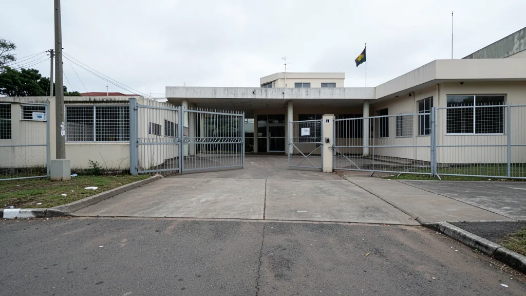 Entrada protegida de uma instalação diplomática, com barreiras de segurança e calçada vazia.