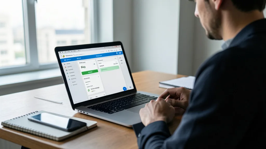 Imagem gerada por IA: Pessoa consulta uma plataforma de investimentos em criptomoedas em um laptop.