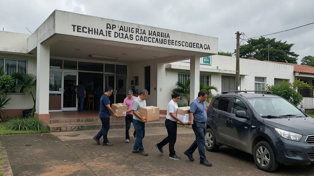 Imagem gerada por IA: Investigadores levam caixas de documentos para um veículo diante de um instituto público.