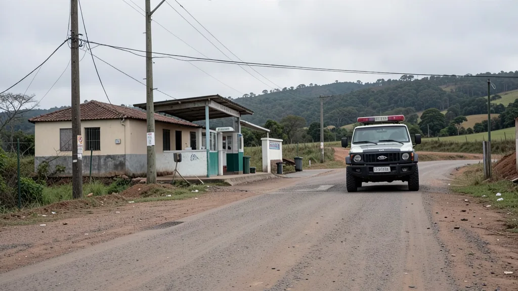 Imagem gerada por IA: Posto de fronteira entre Brasil e Uruguai, com uma viatura policial próxima.