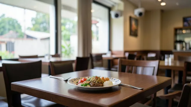Imagem gerada por IA: Mesa vazia em restaurante de hotel, com um prato de comida e uma câmera de segurança ao fundo.